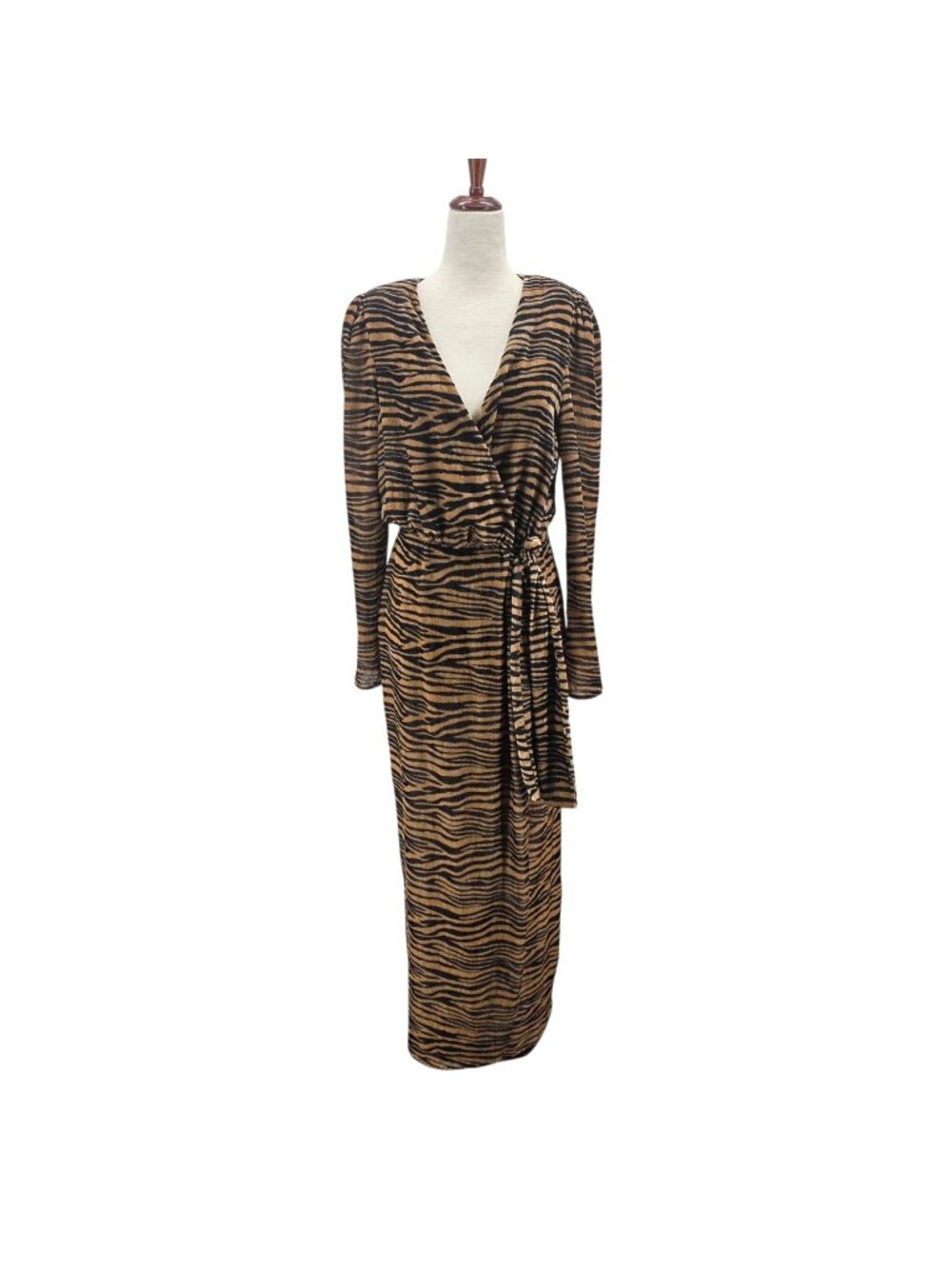 WAYF Womens Small Dress Arlene Velvet Tiger Print Long Sleeve Wrap Maxi Party